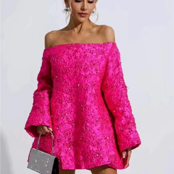 Bright Pink Off-Shoulder Mini Dress - Picture 3 of 4